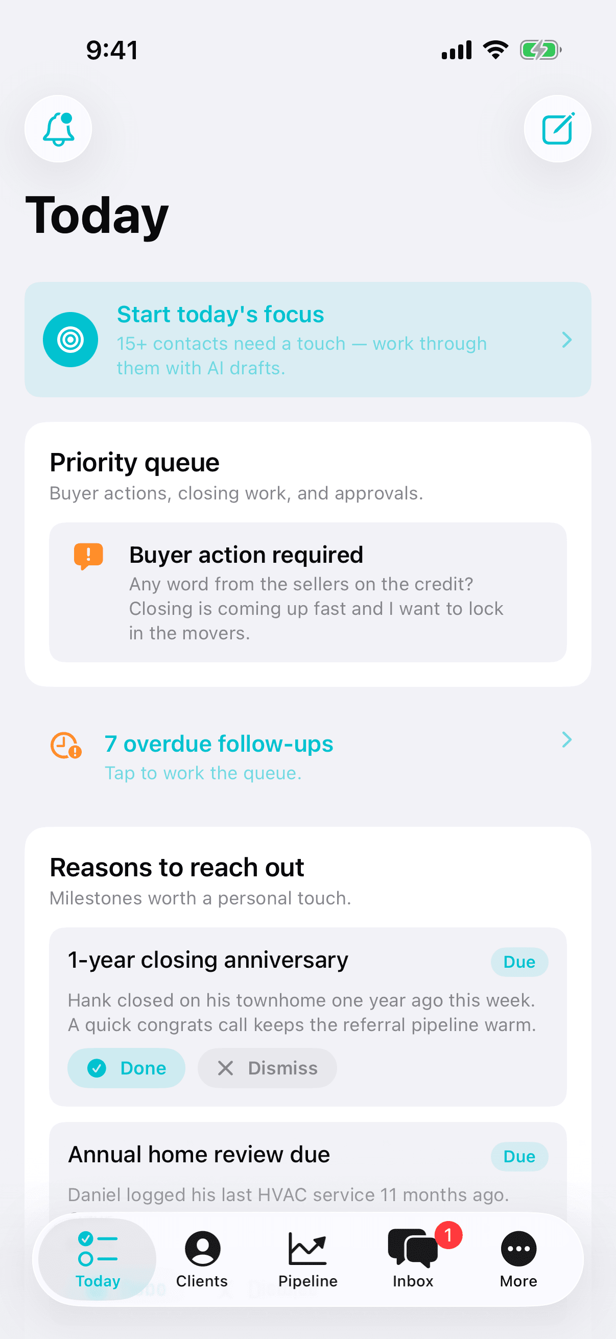 Realtor app Today screen with focus deck, priority queue, and reasons to reach out