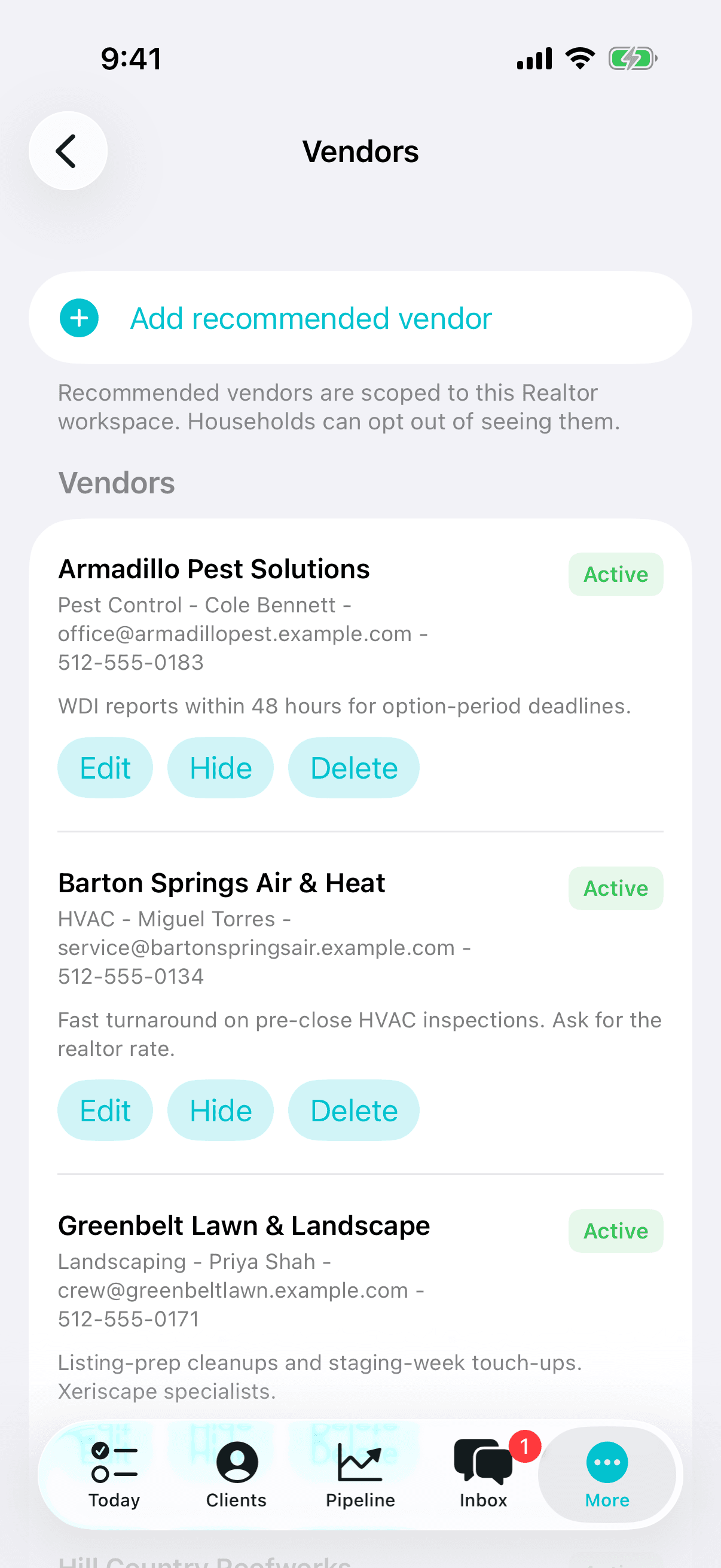 Recommended vendor list in the realtor app