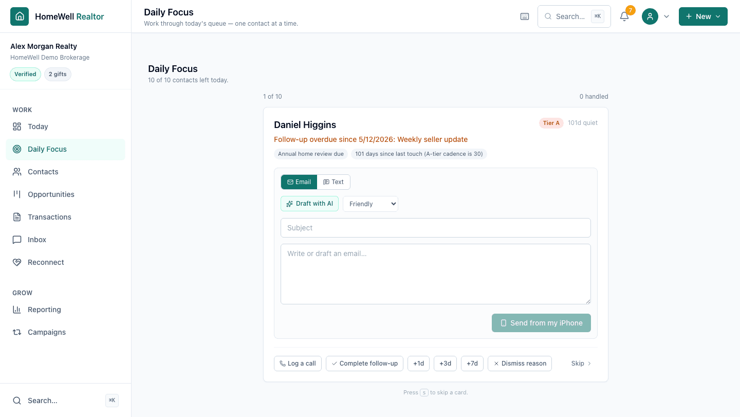 Daily Focus card with an overdue seller update, Draft with AI, and one-tap follow-up actions