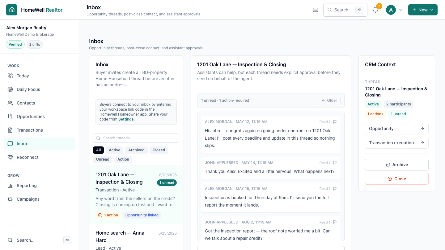 Messages workspace with thread list, conversation, and CRM context panel