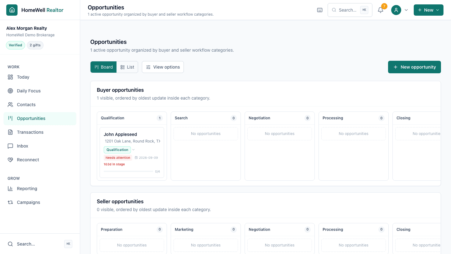 Opportunities board with buyer and seller workflow stages from Qualification to Closing