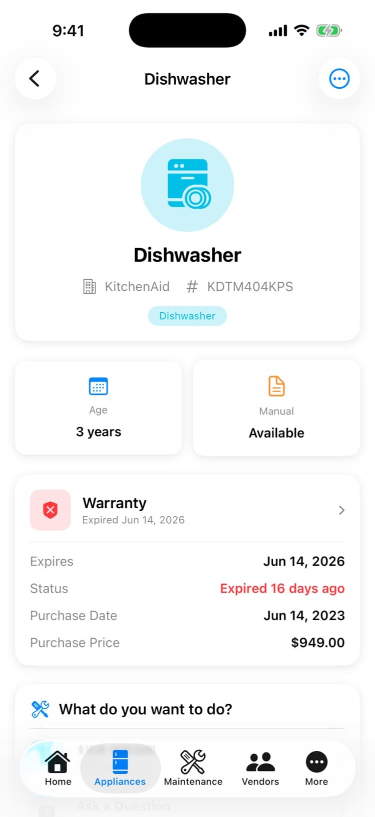 Completed appliance record for a dishwasher with model, warranty, and manual