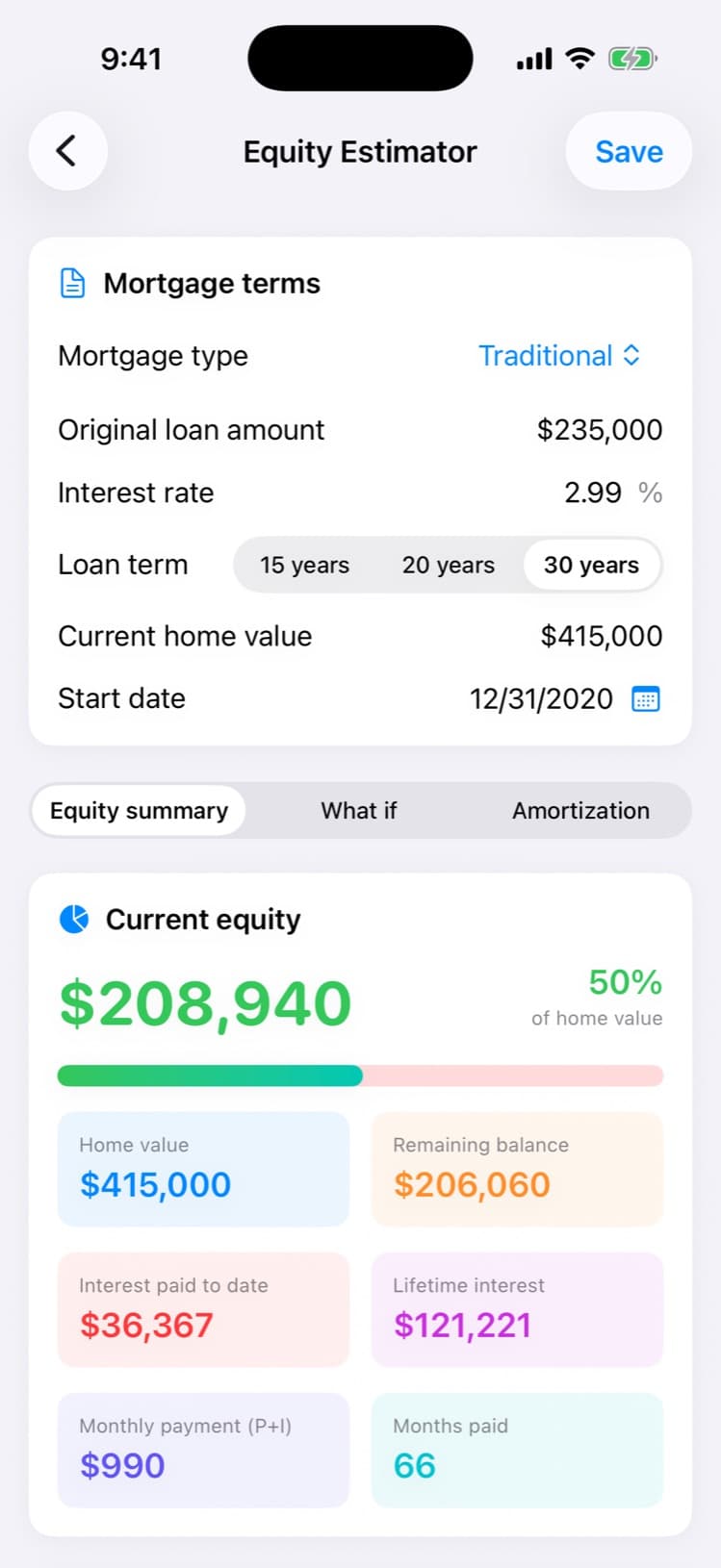 Home Equity Estimator with equity percentage and mortgage terms