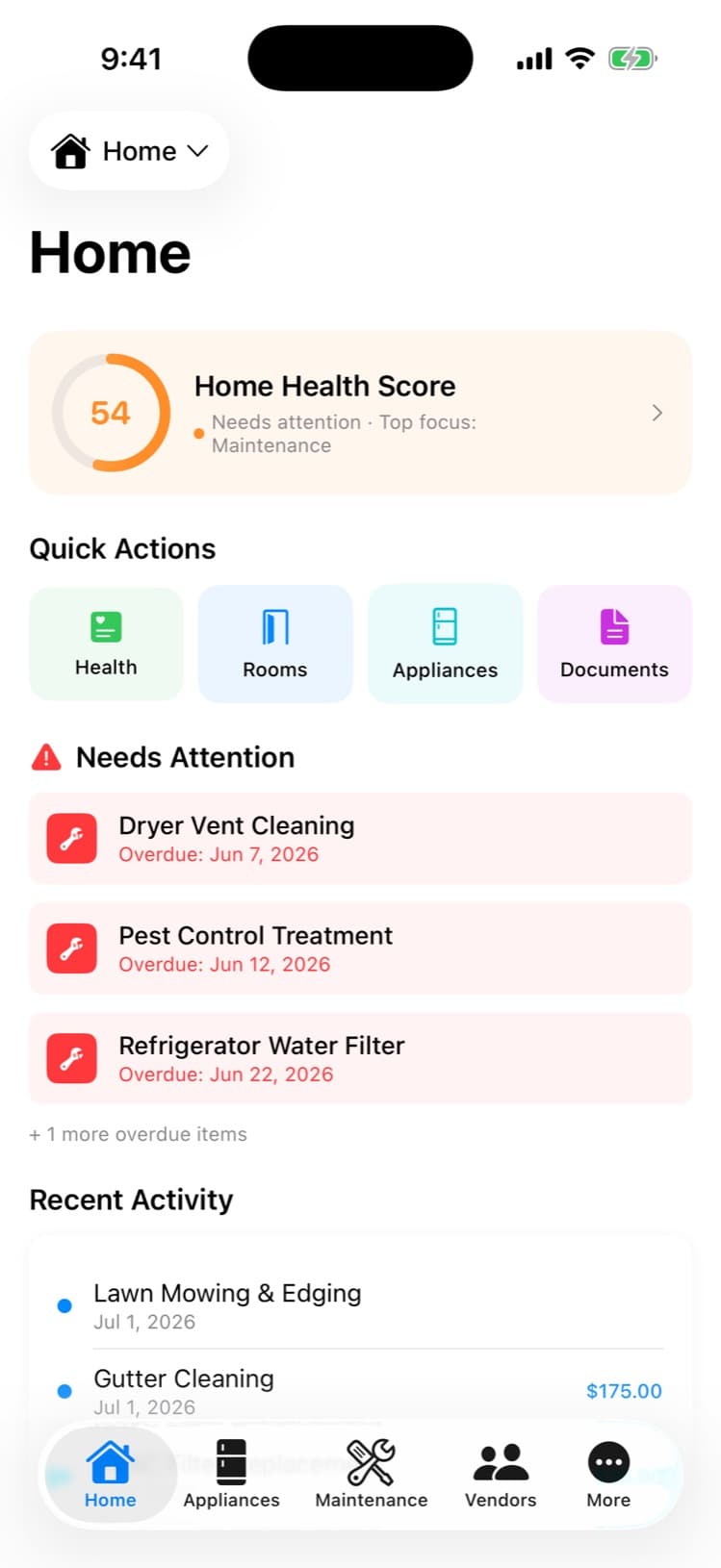 HomeWell home dashboard with health score, needs-attention list, and recent activity