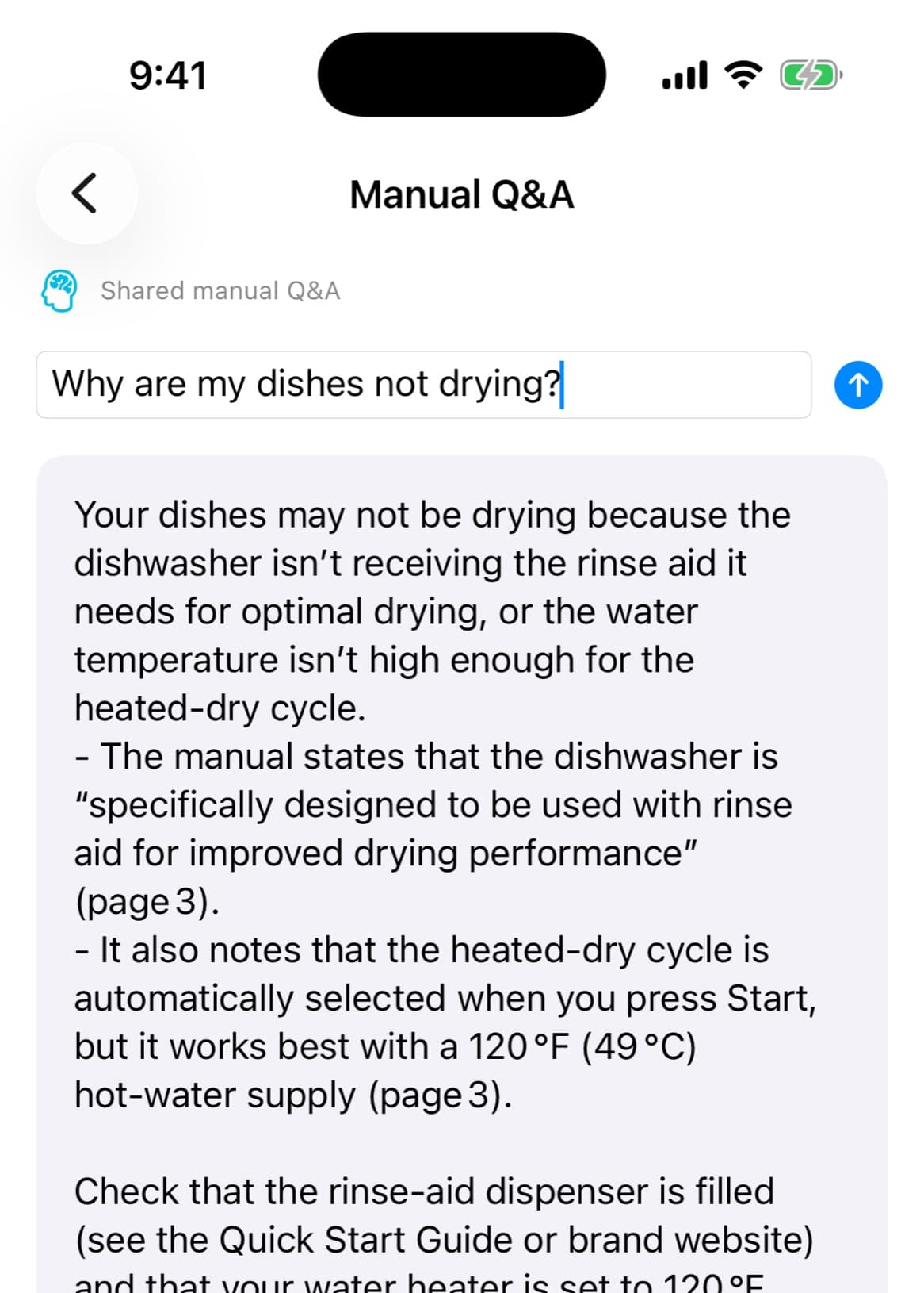 Manual Q&A answering a dishwasher drying question with page citations