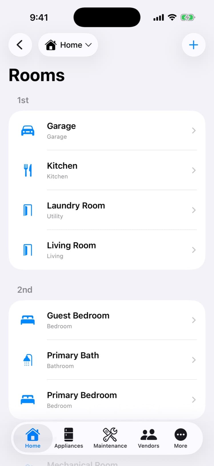 Rooms list organized by floor
