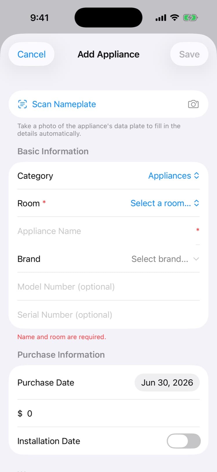 Add Appliance screen with Scan Nameplate button