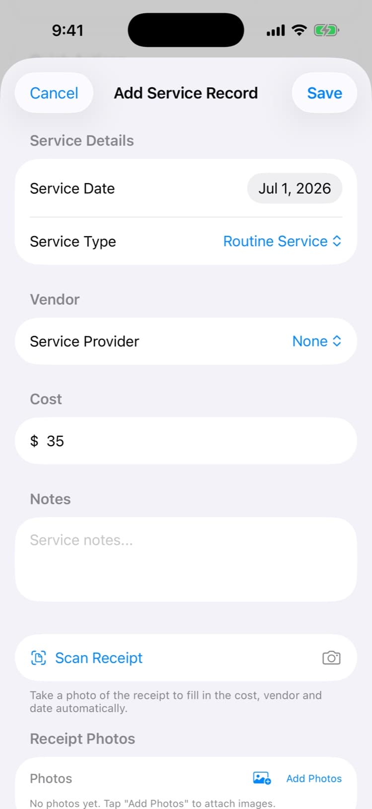 Add Service Record screen with Scan Receipt option